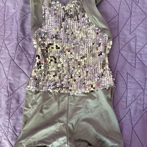 Weissman dance gymnastics leotard sequin silver child size small 5/6 costume guc